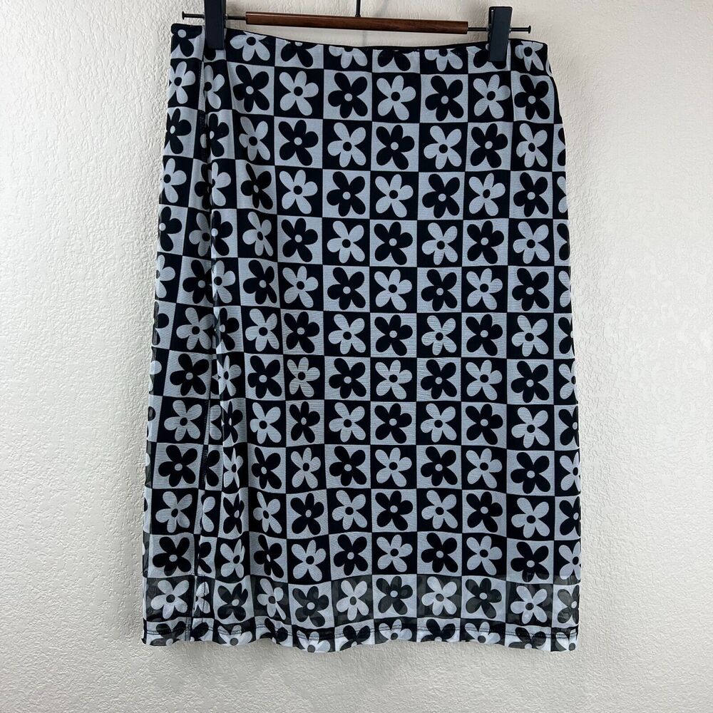 Unif Floral Check Checkered Dolly Midi Skirt M Black White Y2K Straight Hippy